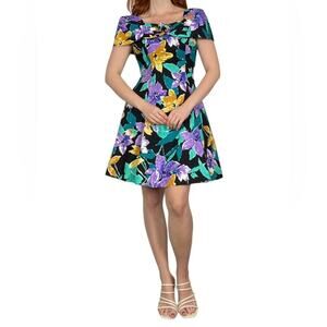Vintage 80s Size 6/Medium Bright Floral Print ALine Cap Sleeve Formal Mini Dress